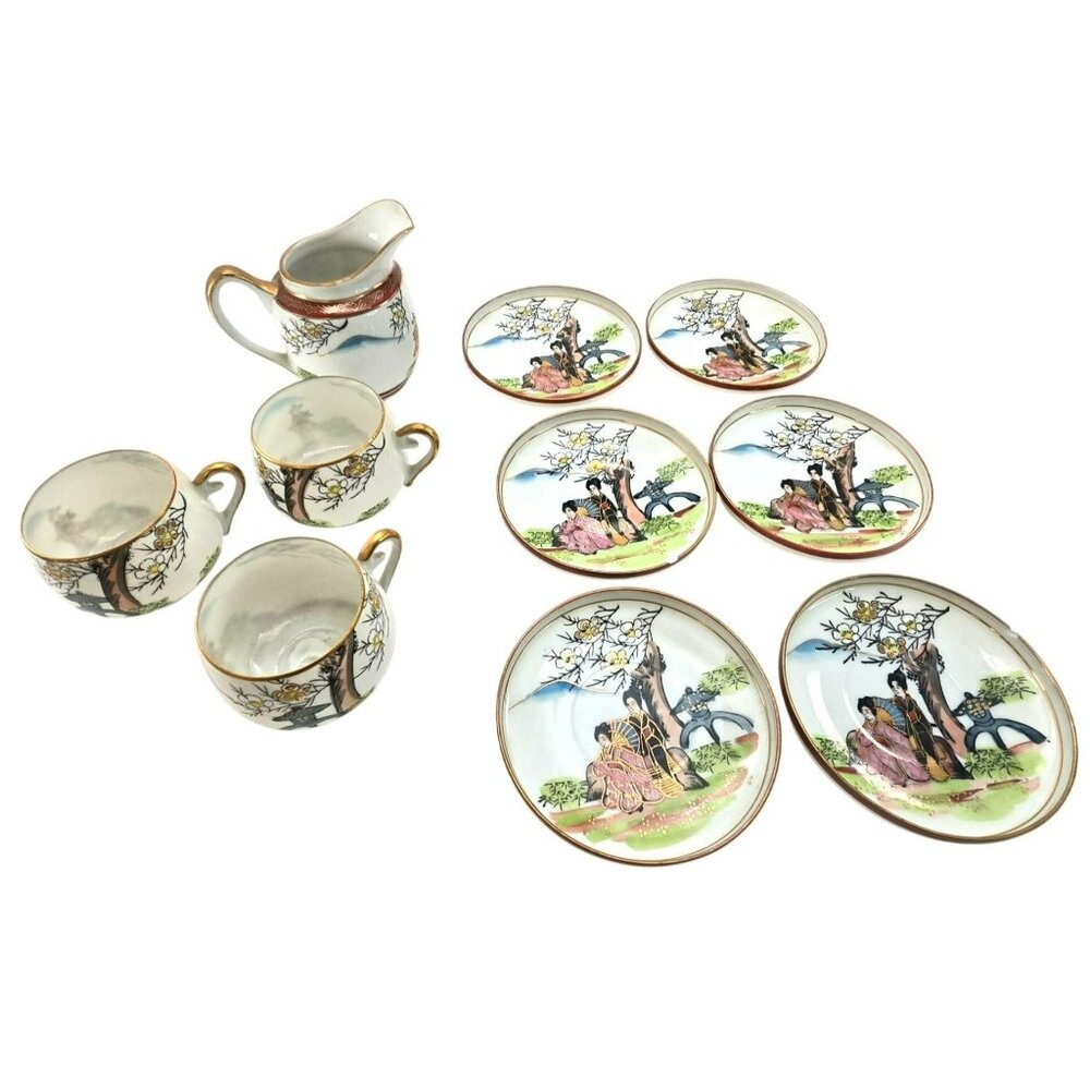Antique Japanese Kutani Porcelain Tea Set Hand-Painted Geisha Floral Motif je105